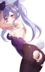 bunny_ears bunny_tail bunnysuit genshin_impact keqing_(genshin_impact) pantyhose pn_(wnsl216) purple_eyes purple_hair torn_pantyhose twintails