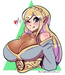 background big_breasts blonde_hair blue_eyes breasts breath_of_the_wild clothed clothed_female demigoddess female female_only geeflakes happy heart high_resolution hylian looking_at_viewer nintendo princess_zelda simple_background smile solo solo_female the_legend_of_zelda wink young zelda_(breath_of_the_wild)