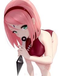 1girls ass bicio blush boruto:_naruto_next_generations bottomless breasts dress erect_nipples facial_mark female female_only forehead_mark green_eyes hairband holding_object holding_weapon kunai looking_at_viewer naruto naruto_(series) nipples pink_hair sakura_haruno simple_background sleeveless sleeveless_dress smile solo weapon white_background