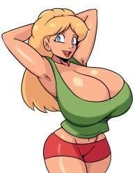 1girls 2023 armpits arms_behind_head big_breasts blonde_hair blue_eyes busty cleavage female female_only huge_breasts iggy-bomb king_of_the_hill luanne_platter midriff navel pose posing sensual sexy_armpits shorts smile solo tank_top voluptuous