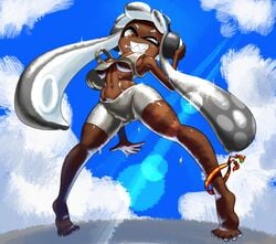 1girls anthro big_breasts breasts cameltoe cephalopod cephalopod_humanoid dark_skin female female_only gray_eyes gray_hair humanoid inkling inkling_girl mask_(marking) minus8 nintendo pointy_ears shorts silver solo splatoon squid tentacle tentacle_hair