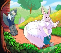 1boy 1girls anthro ass bbw beastars bottom_heavy breasts bunny bunny_ears bunny_tail cake canid canine chubby chubby_cheeks chubby_female erect_tail fat female furry garden haru_(beastars) hips hoodah lagomorph large_ass large_butt legoshi_(beastars) male obese on_knees rabbit rabbit_ears short_dress ssbbw thick_thighs thighs thighsocks wide_hips wolf