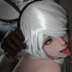 1boy 1girls 3d ahe_gao android android_girl blue_eyes bunny_ears dark-skinned_male dark_skin interracial m71z30 naughty naughty_face nier:_automata pale-skinned_female tongue tongue_out white_hair yorha_2b