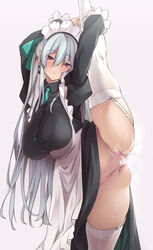 bangs bar_censor blush blushing breasts censored female hair_between_eyes highres large_breasts long_hair looking_at_viewer maid maid_headdress no_panties open_mouth original parted_lips purple_eyes pussy pussy_juice raised_eyebrows red_eyes silver_hair smell solo splits standing standing_on_one_leg sweatdrop tan tanline thighhighs thomasz underwear vertical_splits