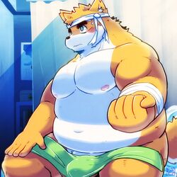 1:1 2020 allstatus3 anthro balls barely_visible_balls barely_visible_genitalia belly blush canid canine canis detailed_background domestic_dog fur genitals hi_res inside kemono male male_only mammal moobs navel nipples overweight overweight_anthro overweight_male sitting solo solo_male towel white_body white_fur