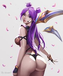 big_ass big_breasts big_butt black_panties bra bracelet clover7 fit fit_female flower_petals gloves k/da_kai'sa k/da_series kai'sa league_of_legends letsbe looking_at_viewer looking_over_shoulder microphone panties purple_eyes purple_hair