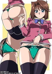 ass between_labia big_breasts blue_eyes blush bowtie brown_hair cameltoe clothed female innie_pussy lace-trimmed_panties looking_at_viewer mazaki_anzu moesino no_pants panties pussy_focus school_uniform shirt_pull skirt_removed tea_gardner thighhighs thong tight_underwear yu-gi-oh!