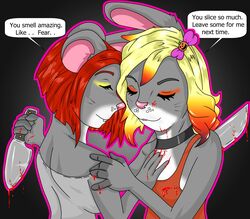 anthro blood bodily_fluids duo english_text evilthabad female female/female gore hair hare hi_res ladmo lagomorph leporid mammal mouse murid murine nail_(evilthabad) pink_nose rabbit red_hair rodent simple_background text yuri