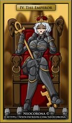 1girls armour chastity chastity_cage crown female femdom metal_armor neocorona tagme tarot tarot_card tarot_deck the_emperor_(tarot)