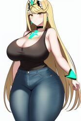 ai_generated big_breasts black_tank_top blonde_hair blue_jeans breasts cleavage core_crystal earring earrings female female_focus female_only gold_eyes huge_breasts large_breasts long_hair massive_breasts monolith_soft mythra mythra_(xenoblade) nai_diffusion nintendo no_bra pale_skin stable_diffusion standing thick thick_thighs voluptuous voluptuous_female wide_hips xenoblade_(series) xenoblade_chronicles_2