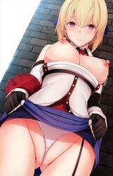 1girls against_wall between_labia big_breasts blonde_hair brick_wall censored claire_victorious clothing female gloves god_eater god_eater_3 innie_pussy lifting_skirt panties panties_between_pussy red_eyes shirt_down shirt_pull