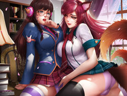 2girls academy_ahri academy_d.va ahri ass d.va fingering league_of_legends light-skinned_female light_skin multiple_girls overwatch panties school_uniform schoolgirl spread_legs striped_legwear striped_panties tagme thighhighs white_panties windwalker_(kaze_no_gyouja) yuri