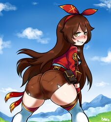 amber_(genshin_impact) ass boots brown_hair dako dakosito dat_ass female genshin_impact hair_ornament huge_ass long_hair looking_back outdoor shorts smirk video_games