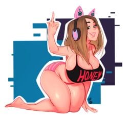 1girls big_ass big_breasts big_butt big_lips black_eyes blush brown_hair busty cat_ear_headphones cleavage cute female female_only headphones long_hair mahmapuu middle_finger on_knees panties pink_lips solo solo_female tank_top thick_thighs underwear wide_hips