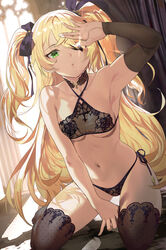 1girls armpits black_bra black_lingerie black_panties blonde_hair bra breasts eyepatch female female_only fischl_(genshin_impact) genshin_impact green_eyes hair hair_ribbon halterneck hi_res kneeling lingerie navel panties salmon88 side-tie_panties small_breasts stomach thighhighs twintails underboob