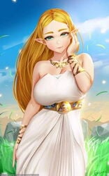 1girls age_of_calamity arm_at_side artist_name background bangs bare_arms bare_shoulders big_breasts blonde_female blonde_hair bracelet bracer breasts breath_of_the_wild cleavage closed_mouth cloud collarbone curvy curvy_figure day demigoddess dress easonx elf female female_only grass green_eyes half-closed_eyes hand_up happy head_tilt high_resolution hips hylian hyrule_warriors:_age_of_calamity large_breasts lips long_dress long_hair looking_at_viewer neck necklace nintendo official_alternate_costume outdoors outside parted_bangs pointy_ears princess_zelda rock sky smile solo solo_female straight_hair strapless strapless_dress the_legend_of_zelda thick_eyebrows white_dress wind_lift zelda's_ceremonial_robes zelda_(breath_of_the_wild)