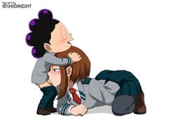 1boy 1girls blowjob blush brown_eyes brown_hair closed_eyes deepthroat fellatio female fingering_self hand_on_head male masturbating masturbating_during_fellatio masturbation minoru_mineta my_hero_academia ochako_uraraka oral pantyhose penis purple_hair rosy_cheeks school_uniform shoganight short_hair size_difference skirt straight u.a._school_uniform white_background