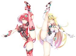 2girls absurdres blonde_hair breasts cameltoe cleavage daive female female_only grin highres large_breasts leg_up legs long_hair looking_at_viewer multiple_girls mythra nintendo oversplit panties pose pyra red_eyes red_hair short_hair shorts simple_background skindentation smile splits standing standing_on_one_leg thick_thighs thighhighs thighs tiara underwear vertical_splits white_background wink xenoblade_(series) xenoblade_chronicles_2 yellow_eyes