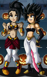 2girls artist_name bare_shoulders black_armwear black_eyes black_hair black_tubetop boots bracelet breasts broly_(cosplay) caulifla cleavage cosplay dragon_ball dragon_ball_super female female_only females females_only gold_bracelet gold_necklace halloween hand_on_hip hips hourglass_figure jack-o'-lantern kale light-skinned_female light_skin long_hair looking_at_another looking_at_each_other looking_pleasured majin_android_21_(cosplay) necklace pale-skinned_female pale_skin pink_tail ponytail pumpkin road saiyan shiny shiny_breasts shiny_clothes shiny_hair shiny_skin shoulders sideways smile smiling smiling_at_each_other spider_web spiky_hair thong thong_aside tube_top tubetop watermark white_pants x^j^kny xjkenny