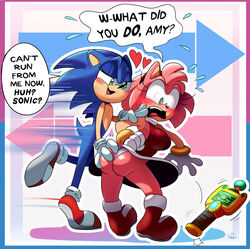 1boy 1girls absurd_res amy_rose animal_ears anthro arm_grab ass_grab black_nose blue_body blush body_swap bracelet clothing countershading device embarrassed english_text exposed_torso footwear gloves green_eyes handwear heart heart-shaped_pupils highres lewdloaf mostly_nude narrowed_eyes panties pink_body porcupine red_cheeks sega sexual_harassment shoes short_tail sonic_(series) sonic_the_hedgehog tail text text_bubble