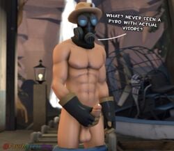 1boy 3d balls blue_eyes boat fourtisverygay gas_mask gay gloves hat holding_penis looking_at_viewer male male_only mask masturbation muscular muscular_male pants_down precum pyro sfm team_fortress_2