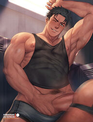 2boys akitaru_oubi anal arkapami ass bara bare_chest black_tank_top boxers_removed chest covered_abs cropped_legs enen_no_shouboutai erection facial_hair fire_force grey_boxers highres jockstrap male_focus male_masturbation male_pubic_hair masturbation multiple_boys muscle nipple_slip nipples pubic_hair sex short_hair sideburns stubble sweat tank_top thick_thighs thighs underwear yaoi