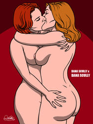 2girls age_difference artist_signature ass ass_grab blonde_hair breasts brown_hair character_name closed_eyes cowboy_shot dana_scully dimples_of_venus female female/female female_only french_kiss kaywest kissing mature_female multiple_girls nipples nude older_female older_woman red_hair selfcest simple_background standing time_paradox x-files yuri