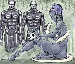 1femboy 3boys dark-skinned_femboy dark-skinned_male dark_skin femboy feminine_male girly human human_only male male_only muscular muscular_male nerion skeleton_markings skull snake tagme tribal tribal_female tribal_male