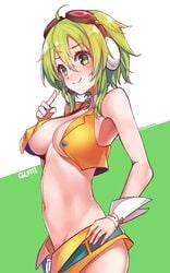 1girls ahoge bangs belt blush breasts character_name choker cleavage covered_nipples crop_top eyeshadow female goggles goggles_on_head green_eyes green_hair headphones headset hip_bones konnyaku_(kk-monmon) large_breasts megpoid_gumi navel nipples open_clothes pointing short_hair short_hair_with_long_locks simple_background skirt smile solo twitter_username vocaloid wrist_cuffs