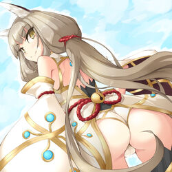 1girls animal_ears ass ass_focus back bangs bare_shoulders blue_sky blunt_bangs cat_ears female from_behind kuro_(be_ok) leotard long_hair looking_at_viewer looking_back nia nia_(blade) nia_(xenoblade) nintendo outdoors ribbon silver_hair sky smile solo spoilers thighhighs thighs twintails very_long_hair xenoblade_(series) xenoblade_chronicles_2 yellow_eyes