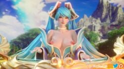 1girls 3d aqua_hair big_breasts blue_hair breasts female female_only kinkykatt3d league_of_legends long_hair long_twintails nipples nude riot_games solo sona_buvelle twintails