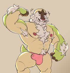 2020 abs anthro arm_hair armpit_hair beard biceps bodily_fluids body_hair bulge chesnaught chest_hair closed_eyes clothed clothing erection erection_under_clothing facial_hair flexing genital_fluids grey_background hi_res kiba24 male male_only muscular muscular_anthro muscular_male neck_tuft nintendo nipples pokemon precum precum_through_clothing precum_through_underwear pubes simple_background smile solo solo_male standing thong tuft underwear video_games wet wet_clothing