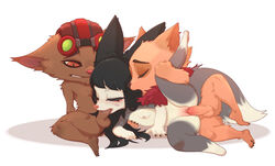 anthro anthro_on_anthro biped black_hair breasts brown_body brown_fur dipstick_tail erection eyebrows fan_character female fur furry genitals grey_body grey_fur group group_sex hat headgear headwear highres humanoid_genitalia humanoid_penis junyois league_of_legends legs_up male mammal multicolored_tail nipples nude open_mouth oral original_character penis pussy raised_inner_eyebrows riot_games sex simple_background straight teemo testicles threesome vaginal_penetration yordle ziggs