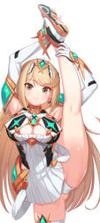 1girls absurdres armpits bangs bare_legs bare_shoulders blonde_hair breasts chest_jewel cleavage cleavage_cutout clothing_cutout dress earrings elbow_gloves eyebrows_visible_through_hair feet_out_of_frame female gloves green322 highres jewelry large_breasts long_hair mythra nintendo panties pantyshot short_dress simple_background solo splits standing standing_on_one_leg swept_bangs thigh_strap tiara underwear vertical_splits very_long_hair white_background white_dress white_footwear white_gloves white_panties xenoblade_(series) xenoblade_chronicles_2 yellow_eyes