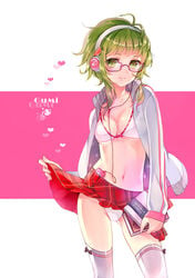 1girls antenna_hair blush book bra breasts character_name cleavage female glasses green_eyes green_hair headphones heart jacket lingerie megpoid_gumi midriff navel open_clothes open_jacket panties pantyshot plaid plaid_skirt short_hair skirt skirt_lift small_breasts smile solo thighhighs tukino_(panna) underwear vocaloid