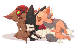 anthro anthro_on_anthro biped black_hair bodily_fluids breasts brown_body brown_fur closed_eyes cum cum_in_mouth cum_in_pussy cum_inside dipstick_tail erection eyebrows fan_character female fur furry genital_fluids genitals grey_body grey_fur group group_sex hat headgear headwear highres humanoid_genitalia humanoid_penis junyois league_of_legends legs_up male mammal multicolored_tail narrowed_eyes nipples nude open_mouth oral original_character penis pussy raised_inner_eyebrows riot_games sex simple_background straight teemo testicles threesome vaginal_penetration yordle ziggs