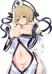 bare_shoulders black_gloves blonde_hair blush breasts breasts_out brown_eyes closed_mouth clothing eyebrows_visible_through_hair female gloves groin hair_ornament hair_ribbon hat highres kirara_fantasia large_breasts looking_at_viewer maehara_nina mak066 nipples no_bra no_panties ochikobore_fruit_tart pubic_hair pussy ribbon shiny shiny_hair shiny_skin short_hair simple_background smile solo standing sweat white_background