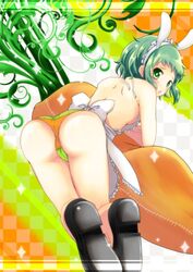 1girls animal_ears apron bunny_ears carrot female green_eyes green_hair looking_back megpoid_gumi mikuriya_wata panties pantyshot short_hair solo underwear vocaloid