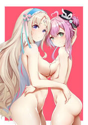 2girls absurdres ahoge ass blonde_hair blush breast_press breasts civia cowboy_shot crescent ctrl+z green_eyes hair_ornament hairband hand_on_another's_hip hand_on_another's_shoulder hat heart heart-shaped_pupils heart_ahoge highres hololive hololive_china hololive_china_gen_1 large_breasts looking_at_viewer looking_to_the_side mini_top_hat multiple_girls nude pink_hair purple_eyes ribbon sideboob simple_background small_breasts smile spade_echo symbol-shaped_pupils symmetrical_docking unicorn_girl virtual_youtuber wavy_hair