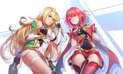 2girls absurdres armor bangs bare_shoulders blonde_hair blush breasts chest_jewel cleavage cleavage_cutout clothing_cutout covered_navel dress dual_persona earrings elbow_gloves female_focus fingerless_gloves gem gloves hair_ornament happy headpiece highres jewelry large_breasts long_hair looking_at_viewer lying matching_hair/eyes multiple_girls mythra nintendo on_back pyra q18607 red_eyes red_hair red_shorts short_hair shorts shoulder_armor smile swept_bangs thigh_strap thighhighs tiara very_long_hair xenoblade_(series) xenoblade_chronicles_2 yellow_eyes