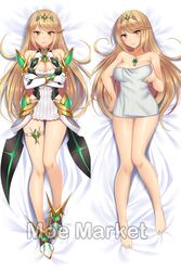 1girls armor bangs blonde_hair blush boots breast_grab breasts cleavage cleavage_cutout clothing_cutout daki-makura dakimakura dress elbow_gloves female gem gloves grabbing hair_ornament headpiece highres jewelry long_hair moe_market mythra nintendo resized shoulder_armor smile staring swept_bangs thigh_strap tiara upscaled very_long_hair watermark white_dress xenoblade_(series) xenoblade_chronicles_2 yellow_eyes