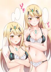 1girls arms_crossed bikini blonde_hair blush breasts cleavage_cutout doujinshi female gem hikari_(xenoblade_2) jewelry large_breasts long_hair mythra navel nervous nintendo shy solo swimsuit take_(s-wab) translation_request very_long_hair xenoblade_(series) xenoblade_chronicles_2 yellow_eyes