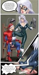 abs ballbusting bdsm black_bodysuit black_cat_(marvel) black_suit bodysuit bondage bootjob boots bound bound_ankles bound_to_chair bound_wrists clothed clothed_female cock_and_ball_torture cock_ring comic crushing dominant_female domination dominatrix english_text felicia_hardy female_abs femdom footjob groin_kick high_heel_boots high_heels latex_bodysuit latex_suit malesub marvel marvel_comics muscular_female orgasm_denial penis penis_out peter_parker pink_lips platinum_blonde_hair restrained shoejob spider-man spider-man_(series) stepped_on stepping stepping_on_penis superhero superheroine text torture trample trampling white_hair