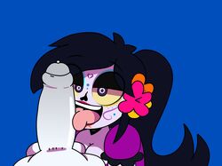 1girls black_hair bodypaint breasts catalina_la_catrina dia_de_los_muertos eyeshadow fellatio female gloves hair_flower horaco licking licking_penis lipstick long_hair ponytail purple_eyes purple_skin thehoraco tongue