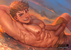 1boy ;) abs arkapami arm_up bara bare_chest blonde_hair bulge censored chest crotch_grab erection granblue_fantasy green_eyes looking_at_viewer male male_focus male_masturbation male_swimwear masturbation mosaic_censoring muscle muscular muscular_male navel nipples one_eye_closed short_hair smile solo swim_trunks swimwear vane_(granblue_fantasy) wet