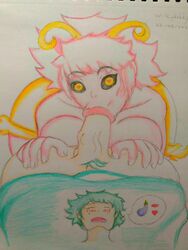 1boy 1girls :>= artist_name artist_signature ashido_mina big_lips bimbo black_sclera boku_no_hero_academia cock_worship colored_pencil_(medium) eggplant_emoji eye_contact fellatio female fringe green_hair heart-shaped_pupils horns huge_cock izuku_midoriya male medium_hair mina_ashido my_hero_academia oral oral_sex petite pink_hair pink_skin pov pubic_hair schoolgirl sex short_hair thick_lips wilkydaddy yellow_eyes