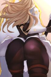 armor ass ass_focus blonde_hair bodysuit dark_blonde dark_blonde_hair dirty_blonde dirty_blonde_hair female from_behind gauntlets highres huge_ass image kisara_(tales) long_hair pants sandy_blonde sandy_blonde_hair shield shiny shiny_clothes shiny_hair skellyto skin_tight solo sword tales_of_(series) tales_of_arise thick_thighs thighs weapon