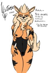 anthro arcanine breasts canid canine female genitals hi_res looking_down mammal nintendo nude pokemon pokemon_(species) pussy russian_text skawolf360 solo text victoria video_games