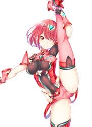 1girls breasts close-up daive female highres leg_up looking_at_viewer medium_breasts nintendo one_eye_closed pyra red_eyes red_hair short_hair shorts skindentation smile solo splits standing standing_on_one_leg thighhighs vertical_splits xenoblade_(series) xenoblade_chronicles_2