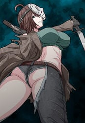 1girls ahoge ass bishoujo_jason bishoujo_jason_voorhees bishoujo_terror blade borrowed_design breasts brown_hair commentary_request denim female female_focus female_only friday_the_13th genderswap_(mtf) green_eyes grin highres jason_voorhees jeans jessica_voorhees kotobukiya_bishoujo large_breasts looking_at_viewer mask_over_one_eye pants photoshop_(medium) rule_63 short_hair smile solo tomboy torn_clothes torn_jeans torn_pants watarui